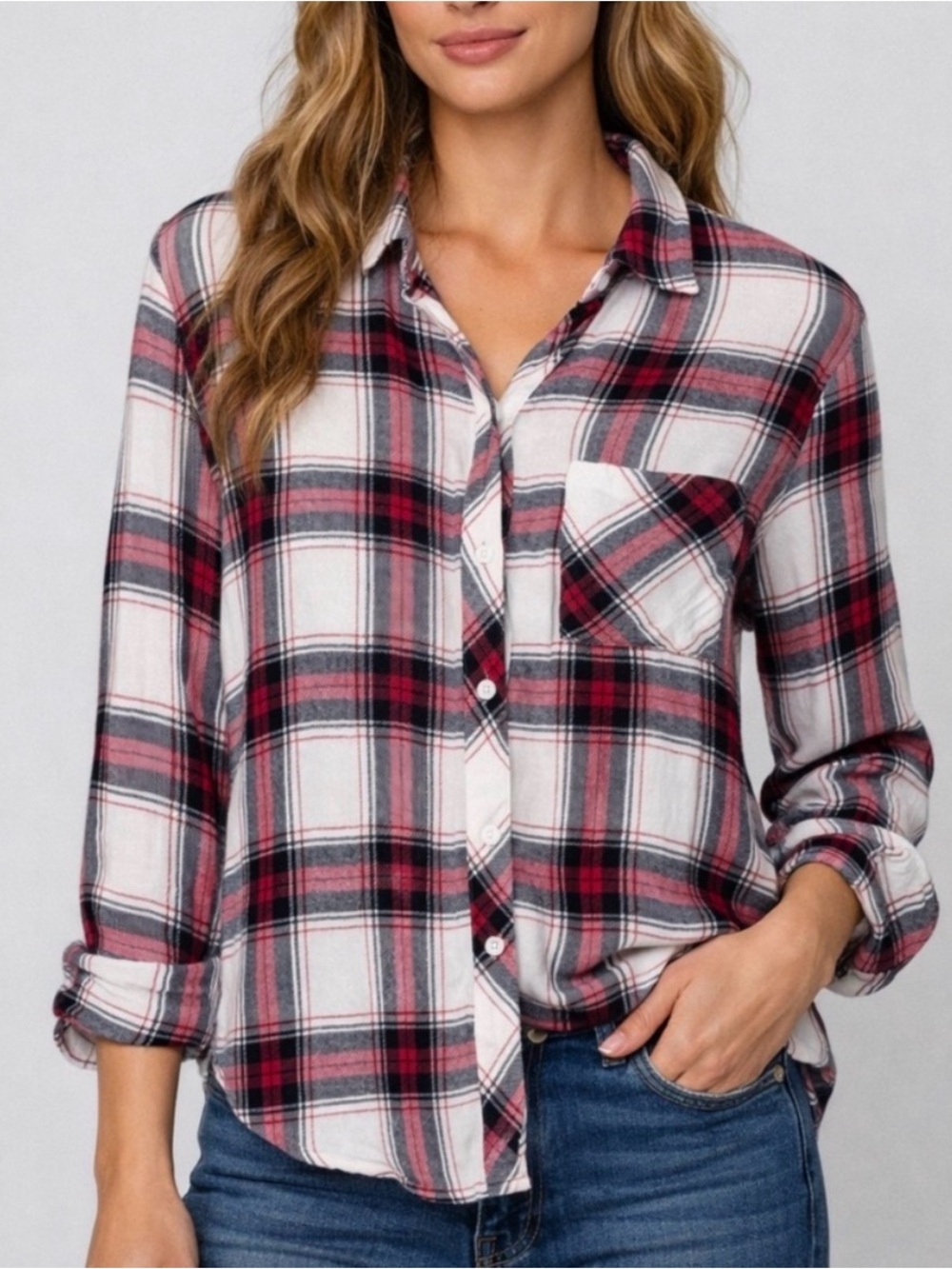 Rails Women’s Hunter Shirt in White Midnight Rose Plaid, Size Small